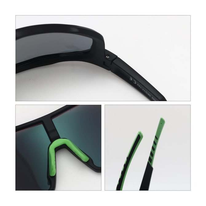 Classic sport glasses featuring a black frame and green accents, showcasing the arms and nose piece design.