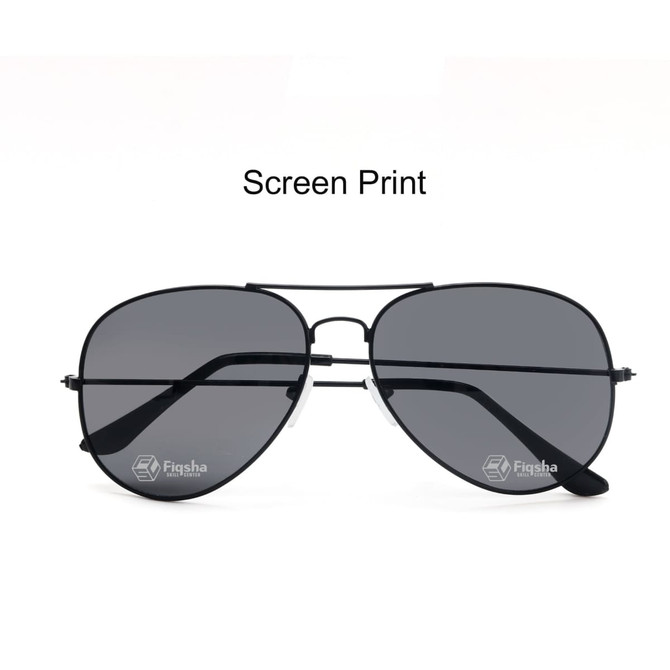 Classic aviator sunglasses with dark lenses and a sleek black metal frame. Features a logo on the side.