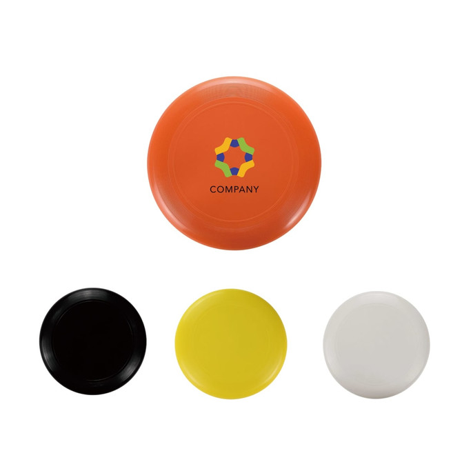 An orange Frisbee with a logo, accompanied by black, yellow, and white Frisbees.