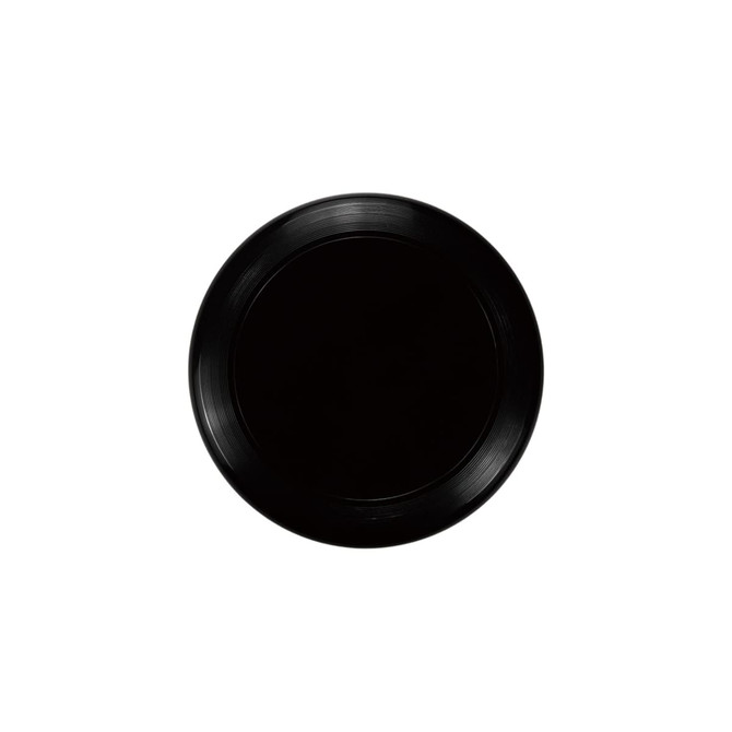 A black frisbee with a smooth surface and a slight rim, featuring a logo in the middle.