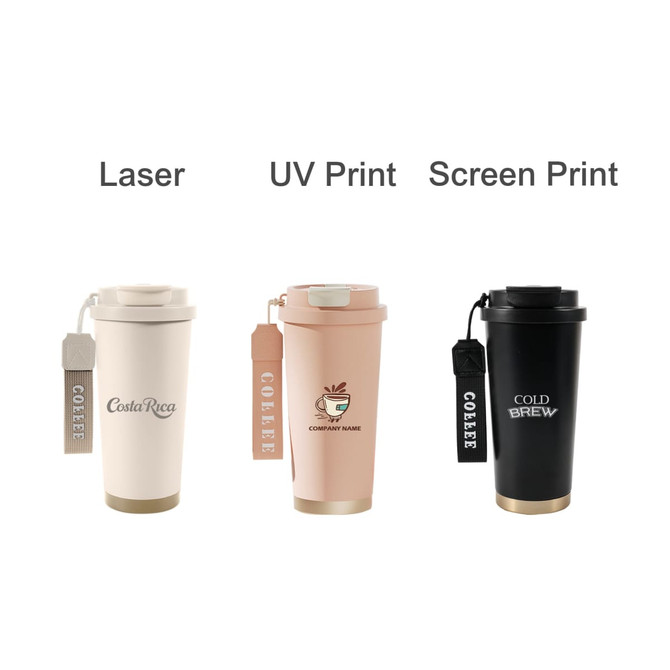 A drink bottle featuring three 550ML double wall stainless steel coffee mugs in white, pink, and black with a logo/tag.