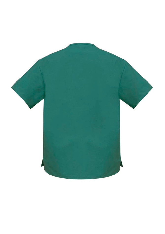 A green unisex scrub top with short sleeves and side slits, featuring a logo.