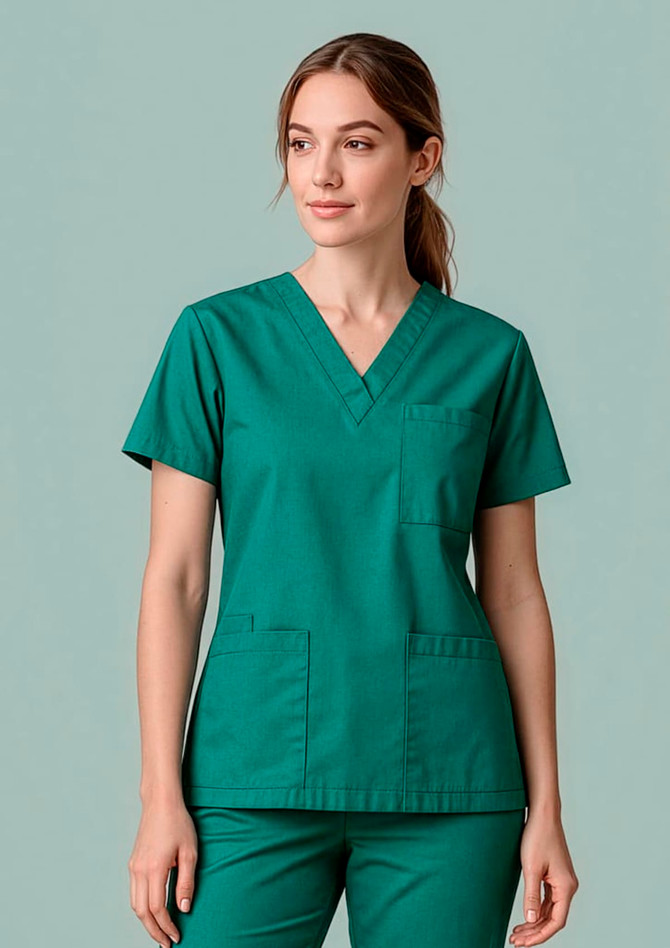 A green unisex scrub top with short sleeves, a V-neck, and two front pockets. It features a branding logo on it.