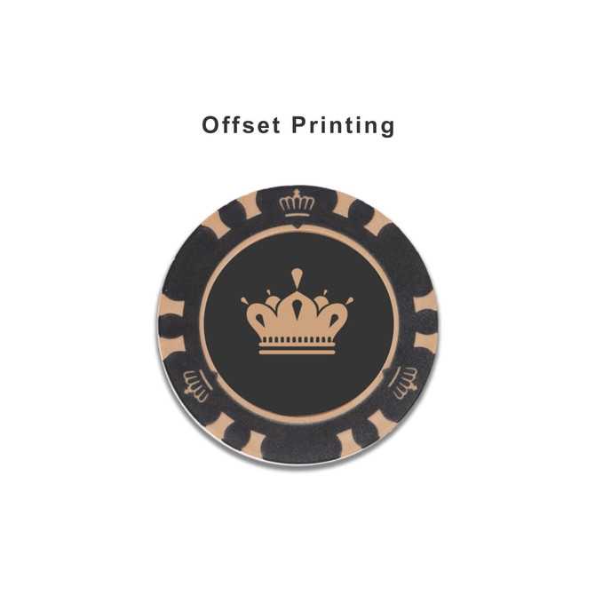 A black and beige poker chip featuring a crown design. It has a circular shape and a decorative edge.