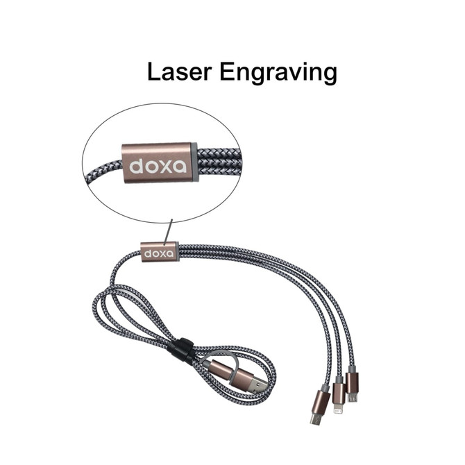 A braided charging cable in grey, featuring a metallic attachment with a logo and multiple connector options.