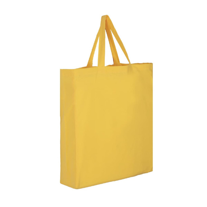 A yellow cotton tote bag with two handles and a simple design. It features a logo on one side.