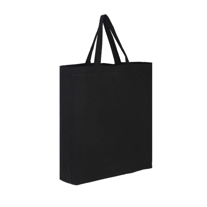 A black cotton tote bag with two handles, featuring an impression of a logo.