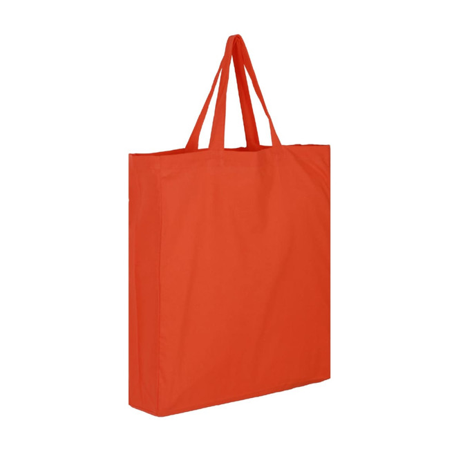 An orange cotton tote bag with two handles and a simple design. It features a logo.