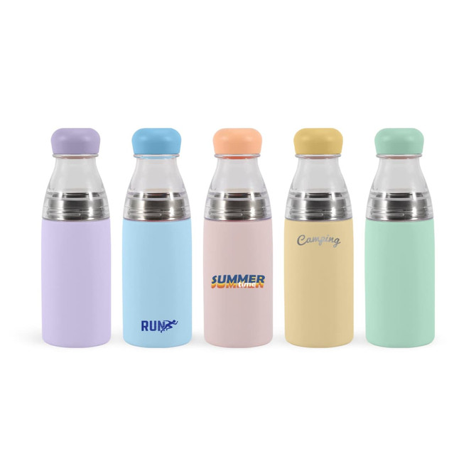 A drink bottle collection featuring pastel colours: lavender, light blue, pink, yellow, and mint green, with stainless steel accents.