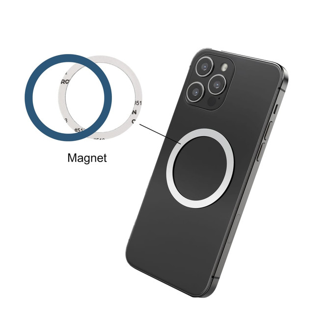 A sleek black phone with a circular silver magnetic attachment on the back, featuring a blue ring beside it.