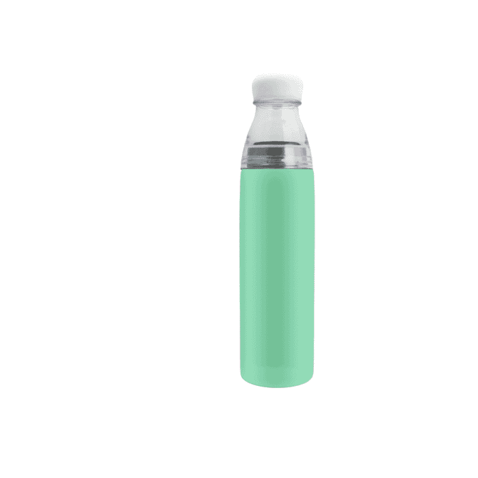 A drink bottle featuring a mint green stainless steel body, with a clear lid and a logo on the surface.