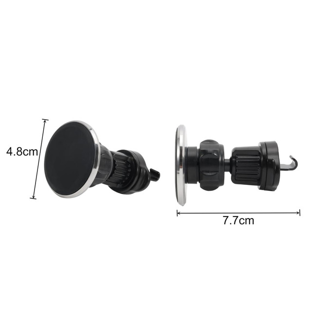 A round black car hook bracket with a chrome edge, featuring dimensions of 4.8 cm and 7.7 cm.