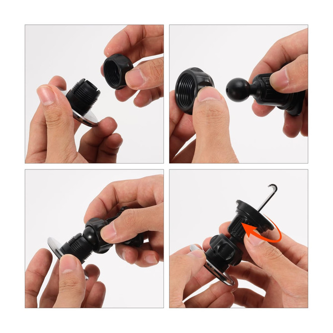 A black round car hook bracket being assembled, featuring a hook and ball joint.