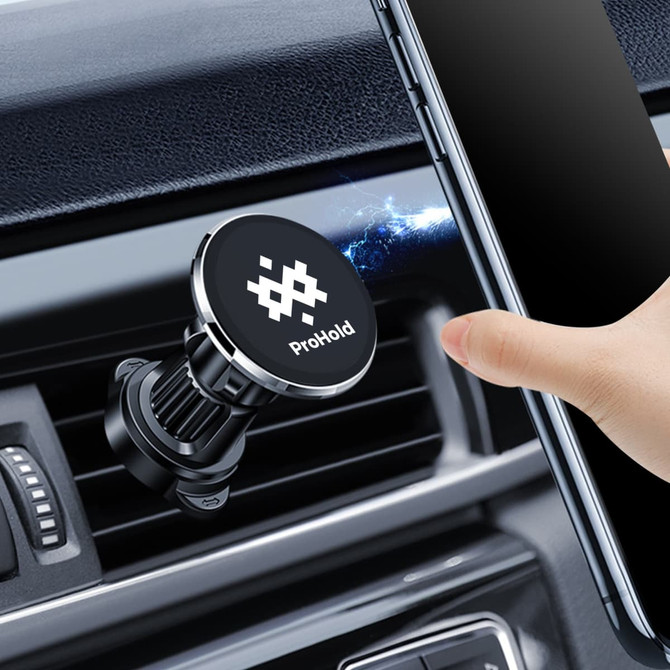 A round black car hook bracket with a silver edge, designed to attach to car vents, holding devices securely.