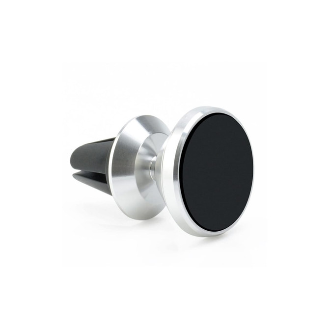A rotatable clip-on car phone holder with a silver metal finish and a black magnetic surface.