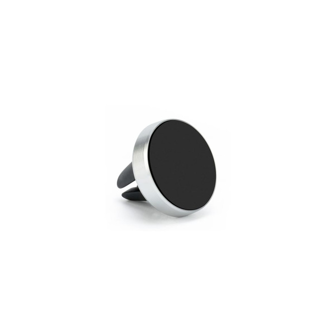 A clip-on car phone holder with a sleek black circular design and a metallic silver border.
