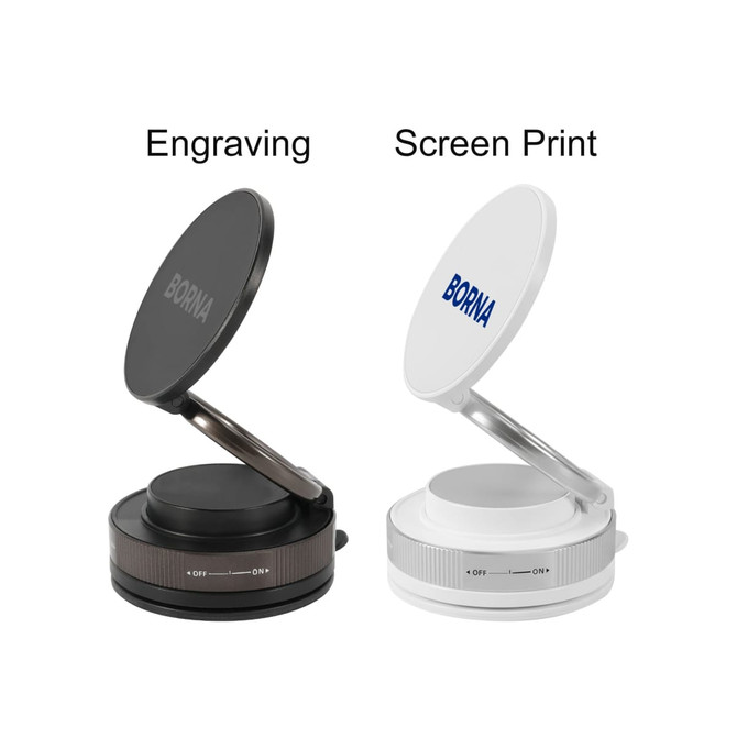 A black and a white suction magnetic phone holder, each with a ring base, showcasing different design options.