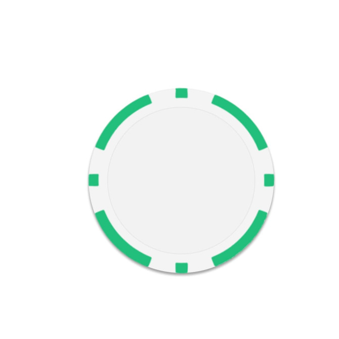 A round poker chip featuring a white centre and green accents around the edge. It has a logo in the centre.