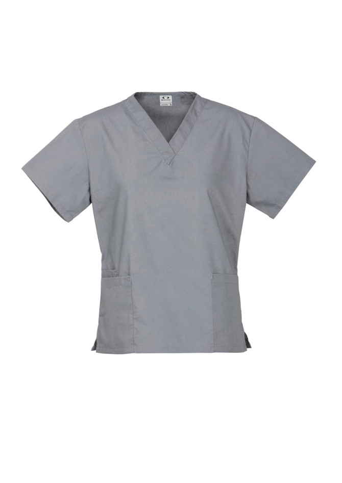 A grey women's scrub top with short sleeves and a v-neck design, featuring two front pockets and a logo.