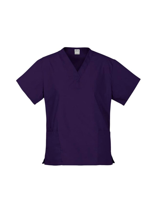 A purple scrub top with a v-neck design and short sleeves, featuring side pockets and a branding logo.