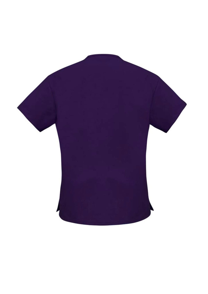 A purple women's scrub top featuring short sleeves and a simple design, with a logo on the side.