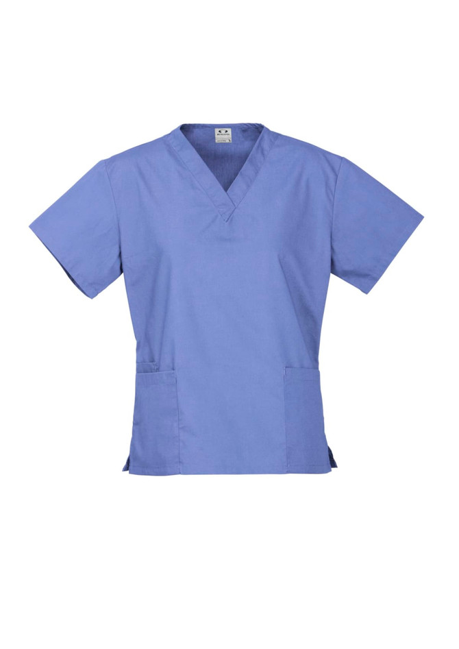 A short-sleeved scrub top in a light blue colour with a V-neck and two front pockets. It features a logo.