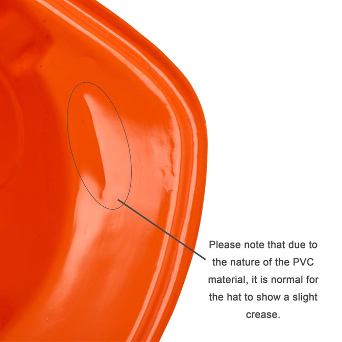 An orange PVC construction hat featuring a slight crease typical of its material, with an attached logo.