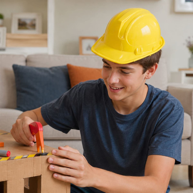 A yellow PVC construction hat worn by a young person working on a wooden project at a table.