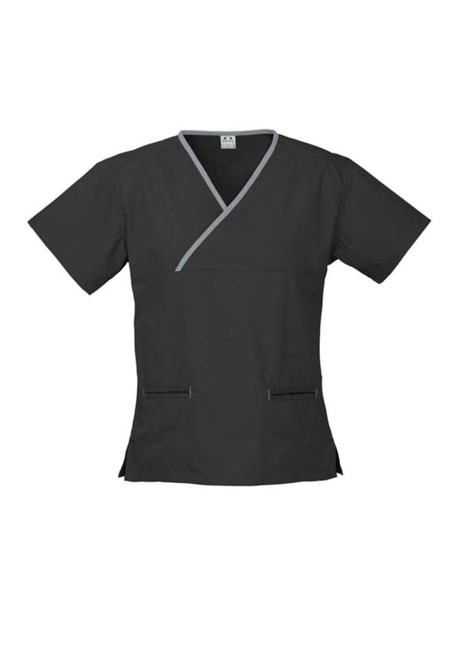 A black scrub top featuring a contrast crossover design and short sleeves, with pockets and a logo.