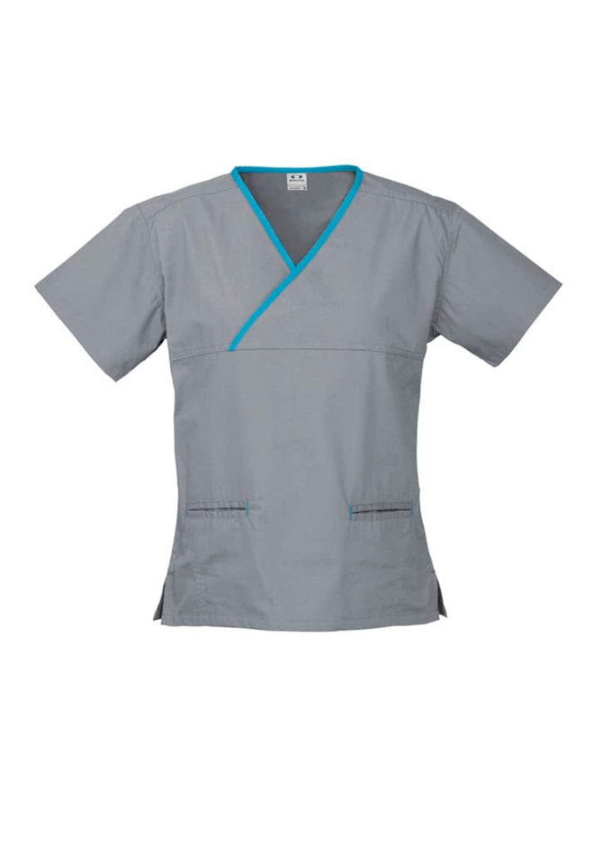 A grey scrub top with contrast turquoise detailing and a crossover design, featuring short sleeves and pockets.