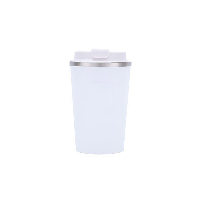 A stainless steel coffee mug in white with a silver rim and a lid. It features a branding logo.
