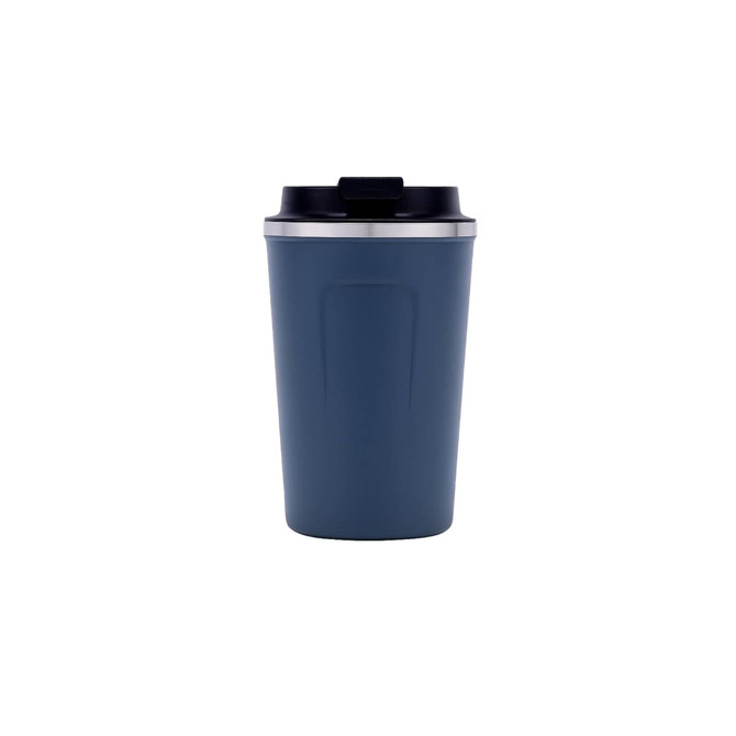 A drink bottle with a dark blue stainless steel finish and a black lid, featuring a logo.