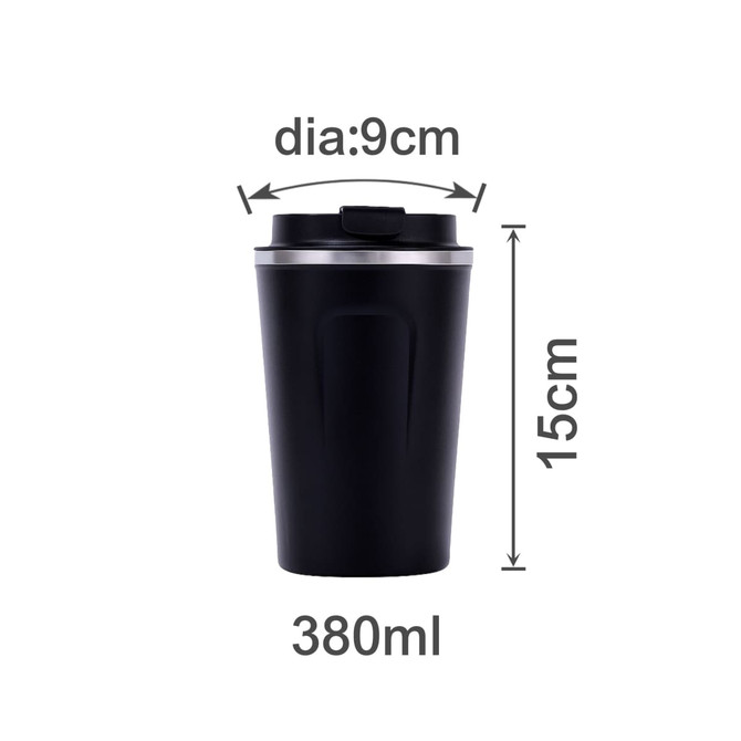 A stainless steel coffee mug with a sleek black exterior, measuring 15cm in height and 9cm in diameter, featuring a lid.