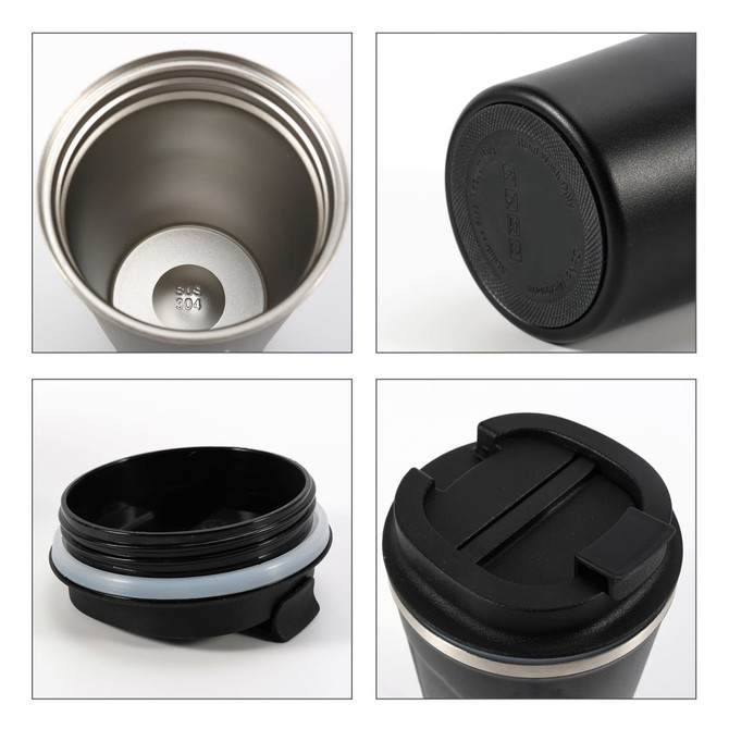 A stainless steel coffee mug in silver and black, featuring a removable lid and base, with an inner metal compartment.