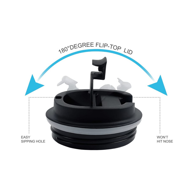 A drink bottle lid featuring a 180-degree flip-top design, black with a silicone seal and an easy sipping hole.