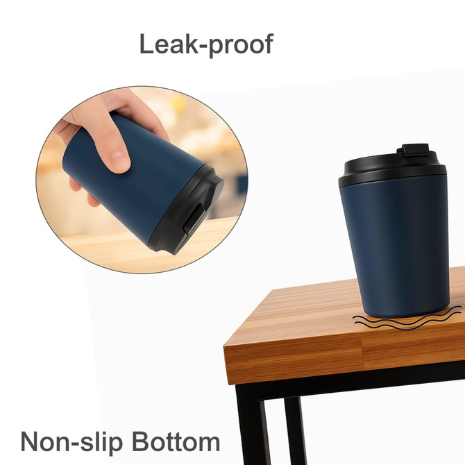A blue stainless steel coffee mug with a lid and non-slip bottom, featuring a logo.
