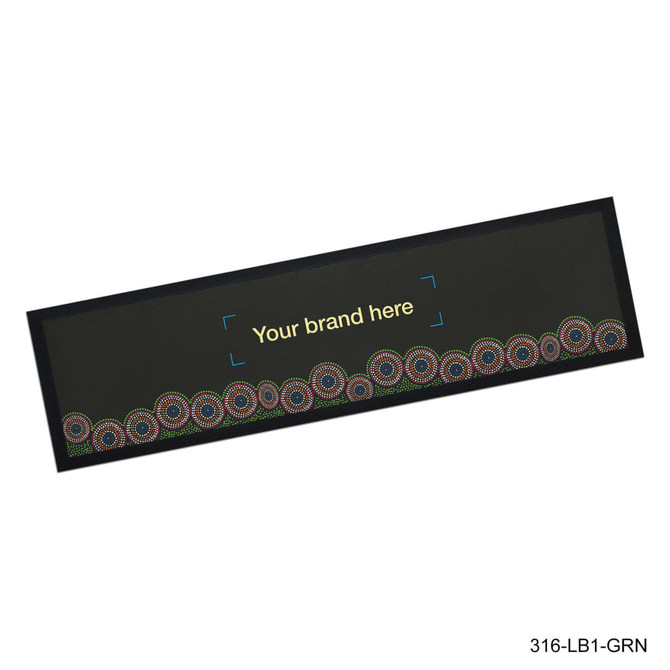 A bar runner featuring a dark background with colourful circular patterns along the bottom and a space for branding.