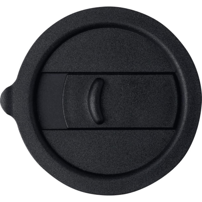 A black lid for a drink bottle, featuring a sliding closure and a textured grip. It has a circular design.