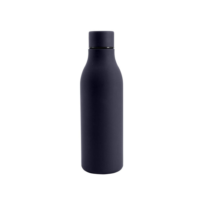 A drink bottle in dark navy with a thermal rubber coating and a black lid. It features a logo.