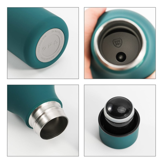 A drink bottle in teal with a rubber coating, featuring a stainless steel opening and a black lid. Includes a logo.