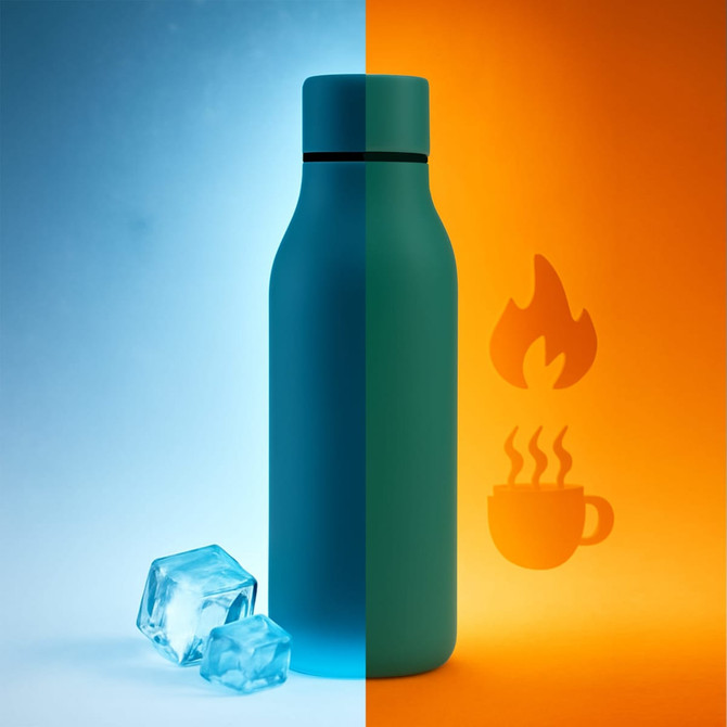 A drink bottle with a thermal rubber coating, featuring a gradient from blue to orange, accompanied by ice cubes.