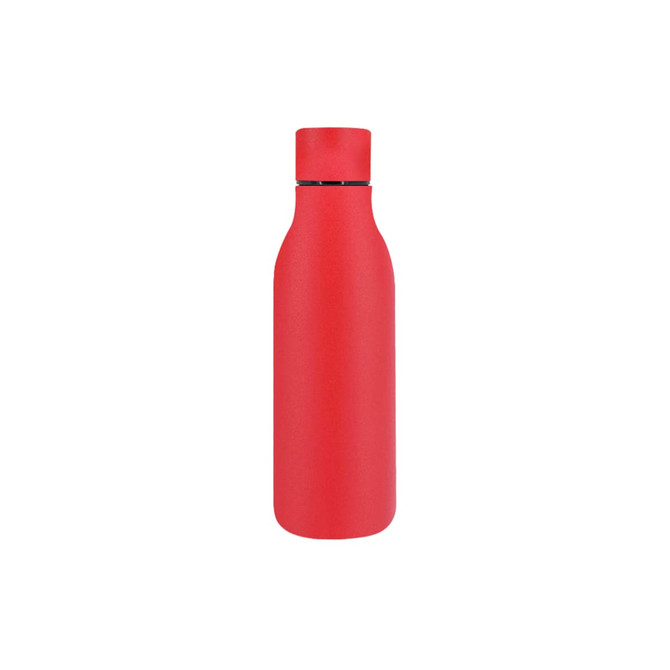 A drink bottle in vibrant red, featuring a sleek thermal design and a fitted cap. It has a logo on the surface.