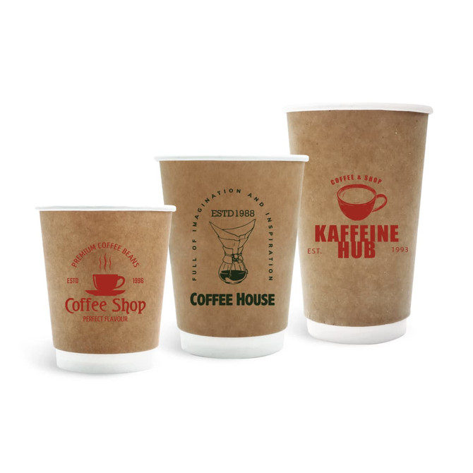 Three brown kraft paper cups with white interiors, featuring various logos and designs for different coffee brands.