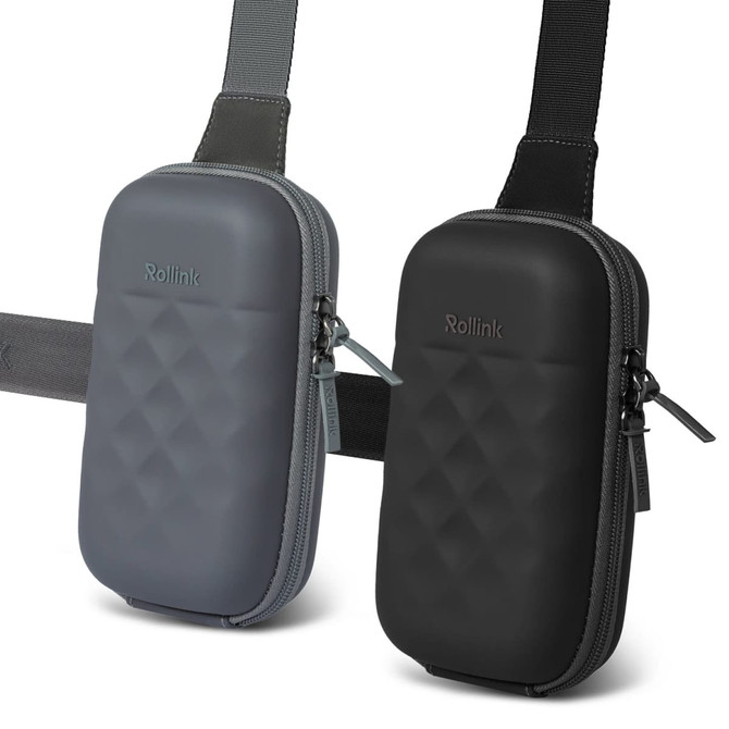 Two Rollink Mini Bag Go products in grey and black, featuring a textured design and a strap for carrying.