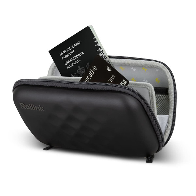 A black travel pouch with a zipped closure, featuring a passport and other documents inside. It has a logo.