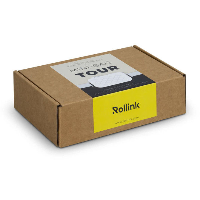 A brown cardboard box containing the Rollink Mini Bag Tour product, featuring a logo and colourful design elements.