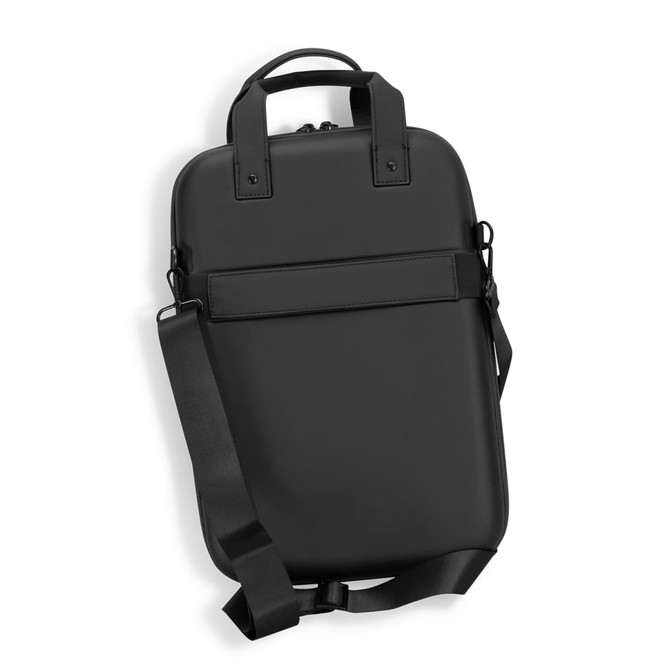 A black laptop case with a handle and adjustable shoulder strap, featuring a sleek design and minimal branding.