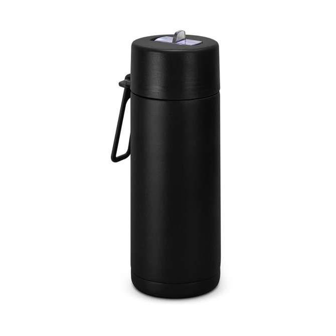 A drink bottle in matte black, featuring a lid and a handle, with a sleek cylindrical design.