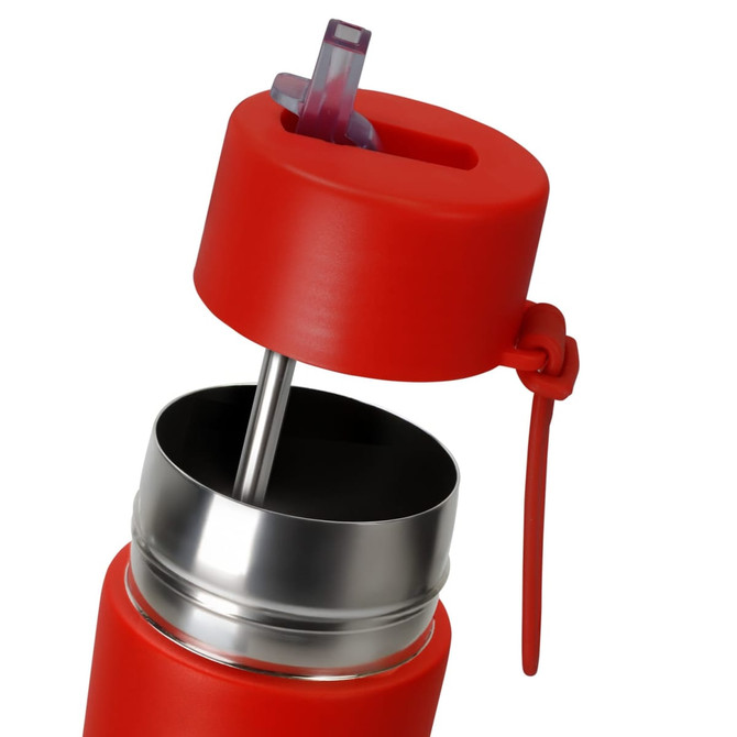 A drink bottle with a red exterior and silver interior, featuring a lid with a sipping spout and a strap.