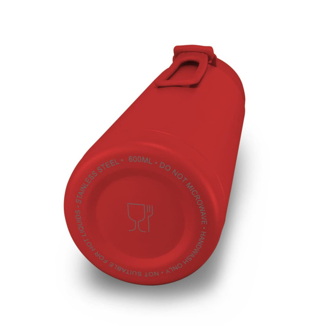 A drink bottle in bright red, made of stainless steel, with a capacity of 600ml and a logo on the bottom.
